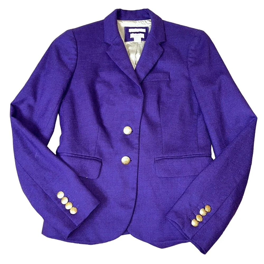 J. Crew blazer school boy jacket purple gold hardware wool blend SZ 0 - Picture 2 of 9